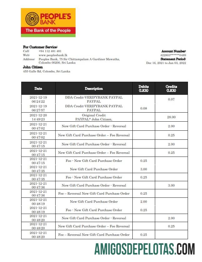 Sri Lanka People's modelo de extrato bancário